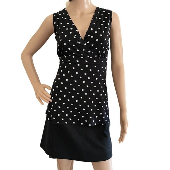 Sleeveless Empire Waist Blouse Womens Sz M Black w/White Splotch Polka Dots Top - Picture 1 of 10
